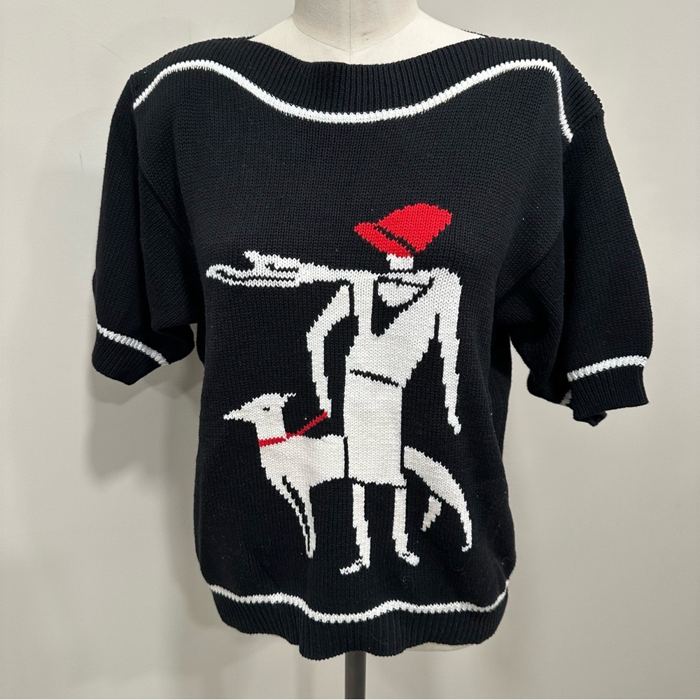 ANNE KLEIN KNITWEAR Vintage Short Sleeve Black Sweater Red Hat Dog Size Medium